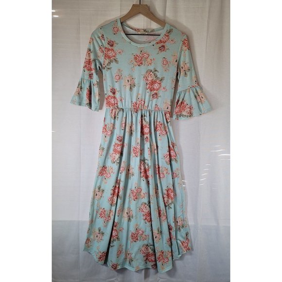 Promesa Light Blue Pink Floral Roses Midi Dress Bell Ruffle Sleeves Pockets - Picture 1 of 7